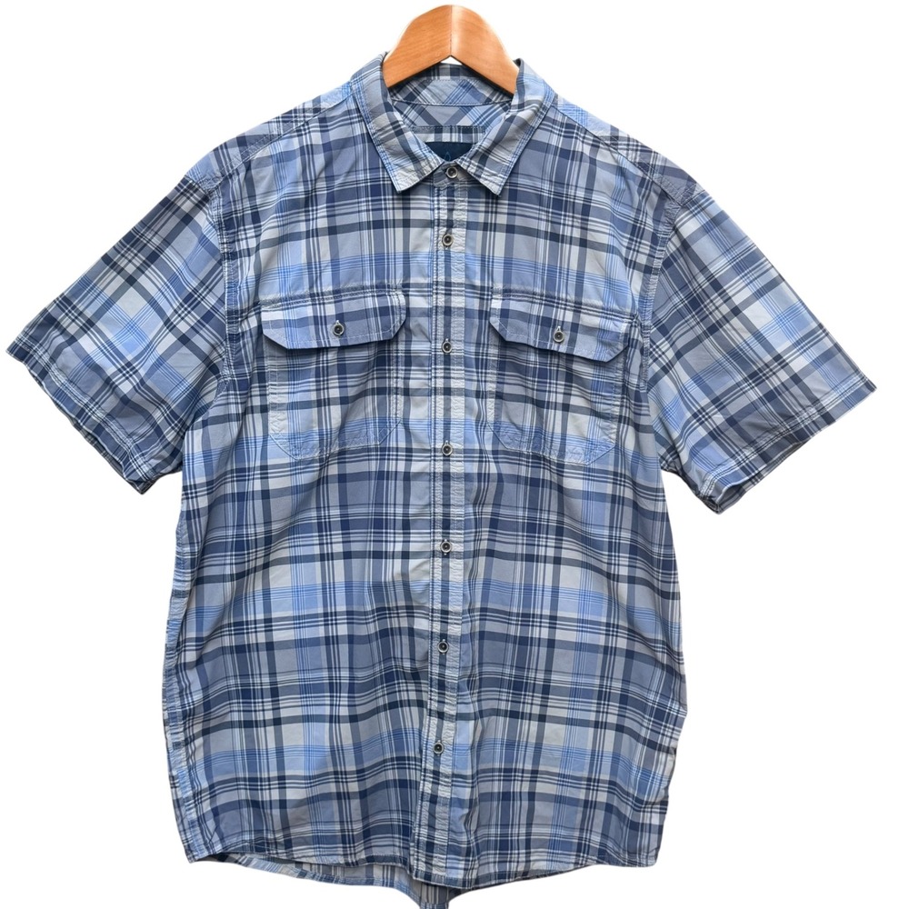 Prana Shirt Mens Large Blue Plaid Short Sleeve Button Down Hiking Outdoor Top